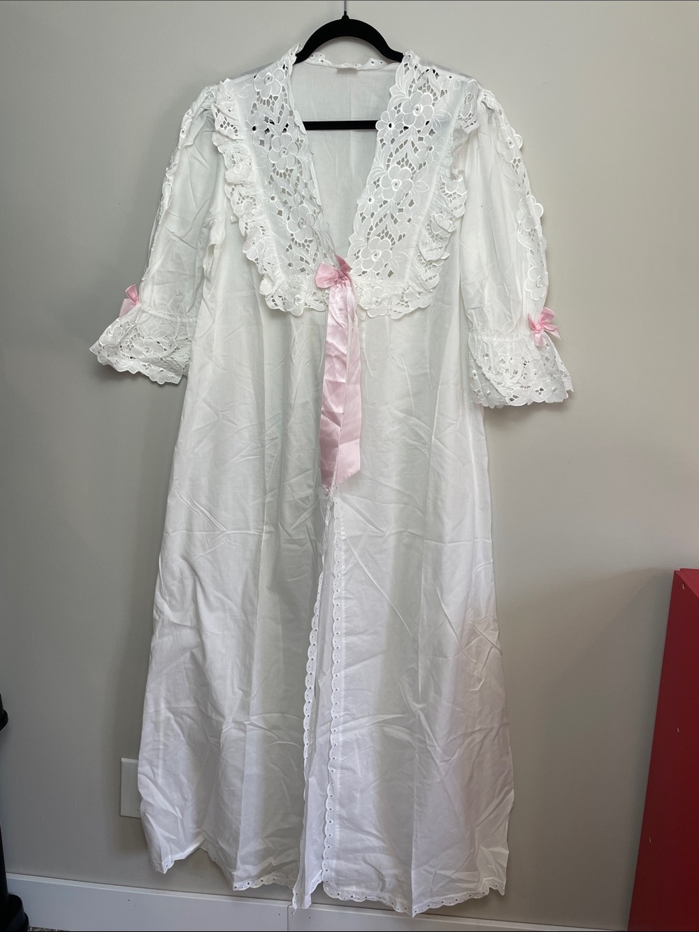 Vintage White Lace-Trim Long Nightgown with Pink Ribbon Detail - Large